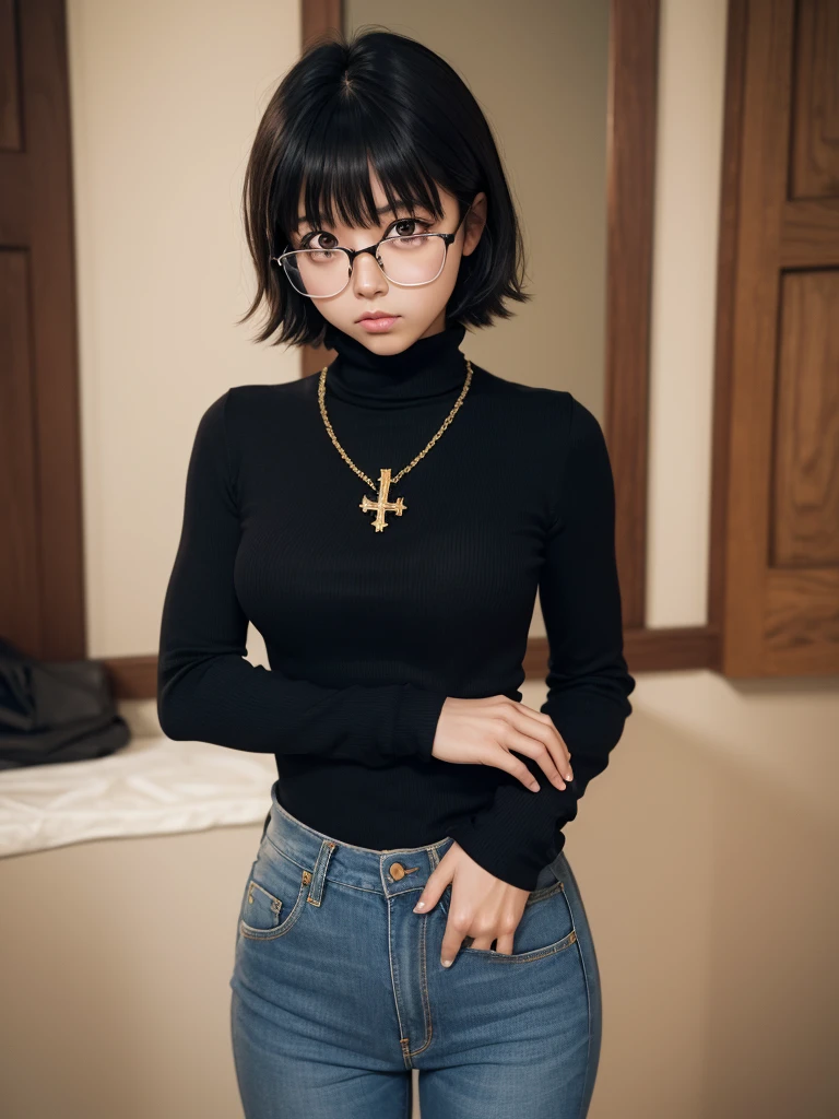 (masterpiece, Highest quality:1.2), Cowboy Shot, alone, One girl, Shizuku Murasaki, Expressionless, View your viewers, Put your arms behind your back, Short layered hair bangs, Brown eyes, large square glasses, Black turtleneck, , jeans, Exposed abdomen, Cross Necklace