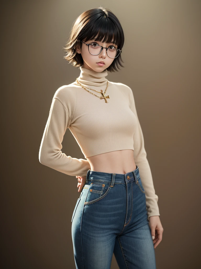 (masterpiece, Highest quality:1.2), Cowboy Shot, alone, One girl, Shizuku Murasaki, Expressionless, View your viewers, Put your arms behind your back, Short layered hair bangs, Brown eyes, large square glasses, Black turtleneck, , jeans, Exposed abdomen, Cross Necklace