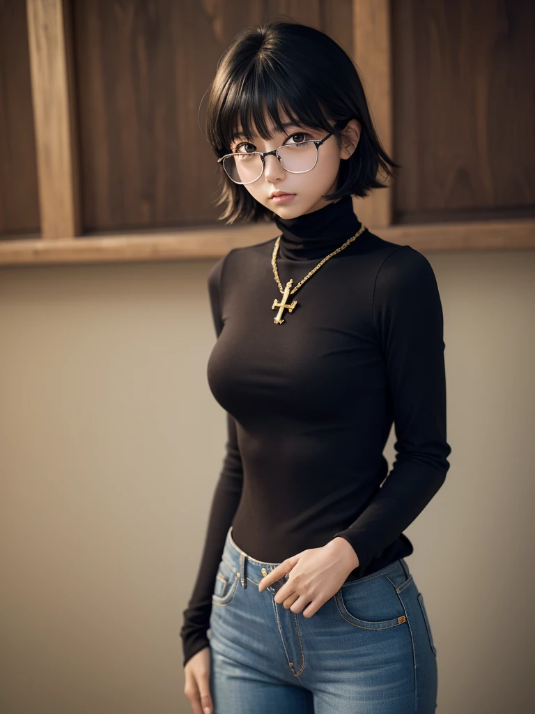 (masterpiece, Highest quality:1.2), Cowboy Shot, alone, One girl, Shizuku Murasaki, Expressionless, View your viewers, Put your arms behind your back, Short layered hair bangs, Brown eyes, large square glasses, Black turtleneck, , jeans, Exposed abdomen, Cross Necklace