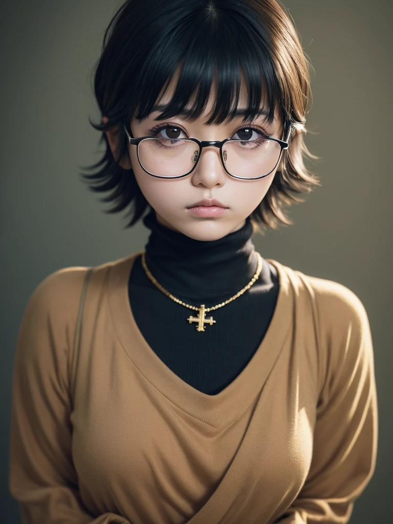 (masterpiece, Highest quality:1.2), Cowboy Shot, alone, One girl, Shizuku Murasaki, Expressionless, View your viewers, Put your arms behind your back, Short layered hair bangs, Brown eyes, large square glasses, Black turtleneck, , jeans, Exposed abdomen, Cross Necklace