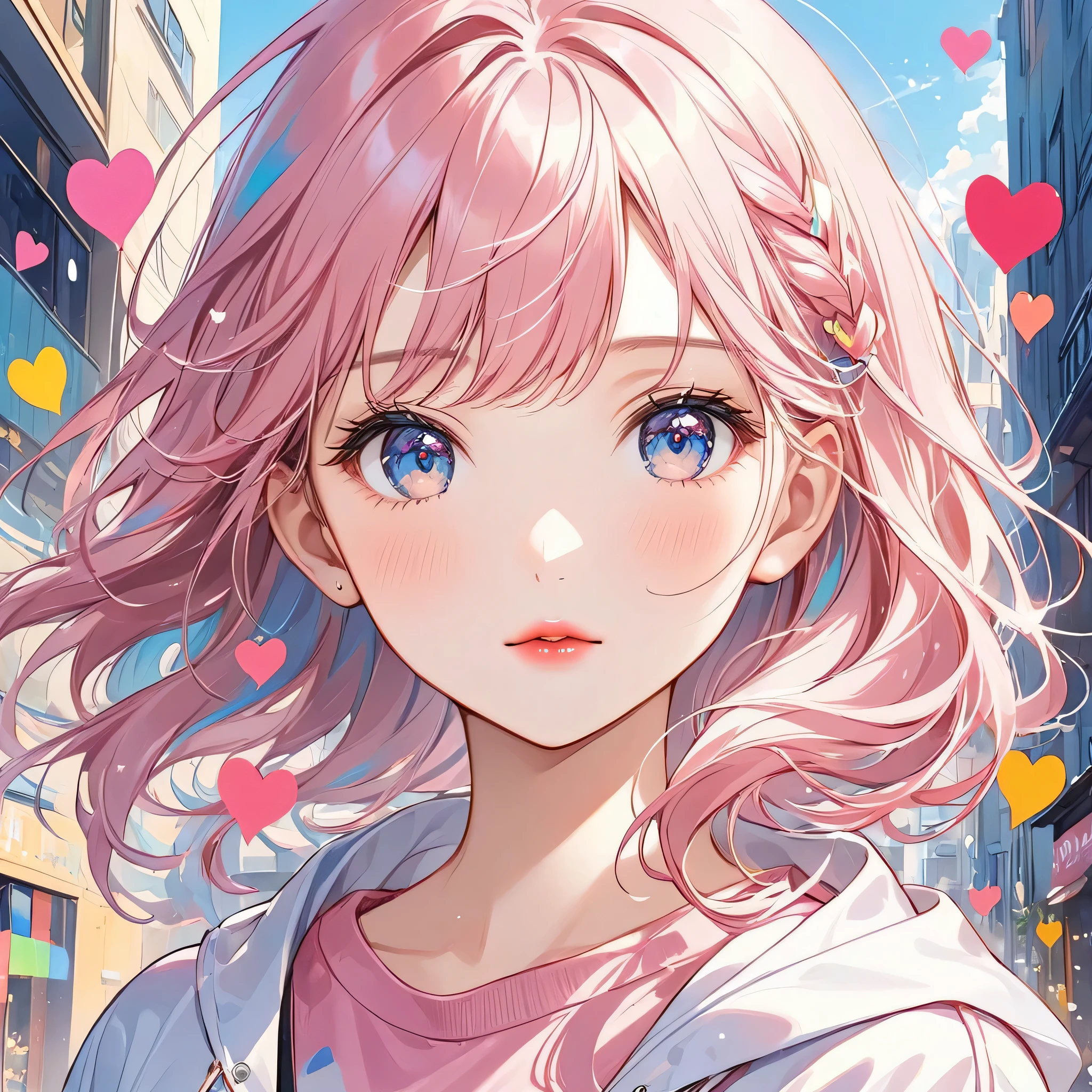 Masayo Pink and White style, Simple Line Initialism,Abstract art,Urban Background, (((The most beautiful girl of all time))), Sweet face. Lips in love, colorful hearts, stylish design