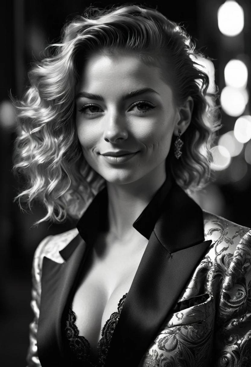 Ultra detailed, intricate detail, cinematic photo. intense backlight. Chiaroscuro. Beautiful face, intricate. Night in new york. Black and white, b&w, golden hour. Award winning monochromatic photograph in extreme low angle full body portrait of shy smile, playful, strong Beautiful punk rock woman in very ornate tight teal suit, Cleavage,. Posing smiling. Undercut, shaved redhead. Caravaggio style. Vermeer, Goya, Caravaggio. Cleavage.
