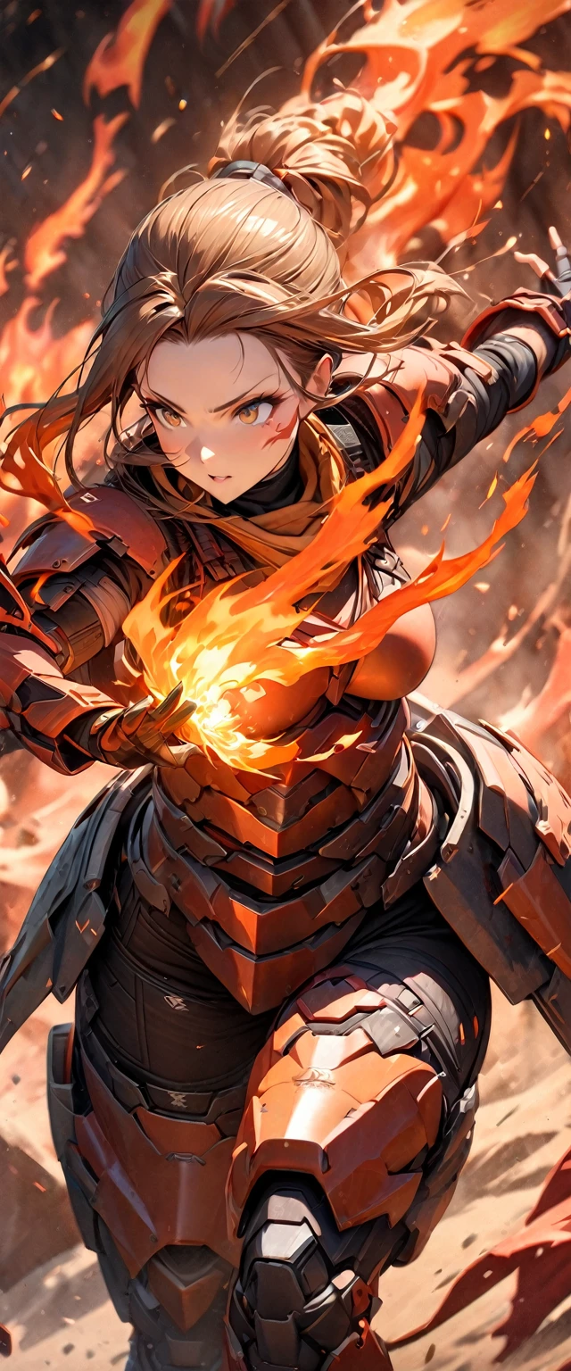 (masterpiece),(Highest quality),(High resolution),(Very detailed),8k,wallpaper,(Armored Core Style),Woman in ninja robot armor,(Tactical Forehead Protector),Random Hairstyles,(Fire Ninja),(Orange body),(Detailed face),((Cowboy Shot)),(The background is a blazing flame:1.3),(dynamic),(Use fire ninjutsu:1.3),(action shot),((Detailed hands,Beautiful female hands)),(Hand,detailed,perfect,perfection,hands)