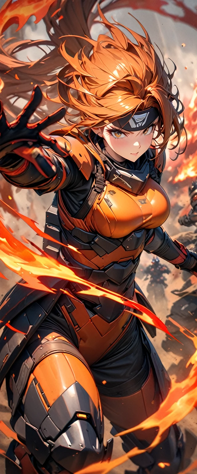 Female character warrior guardian with two light violet ponytails with black armor with a metal mouth cover part of the armor with golden eyes and a face mask that covers her entire mouth and that face mask is made of metal with dark red hair