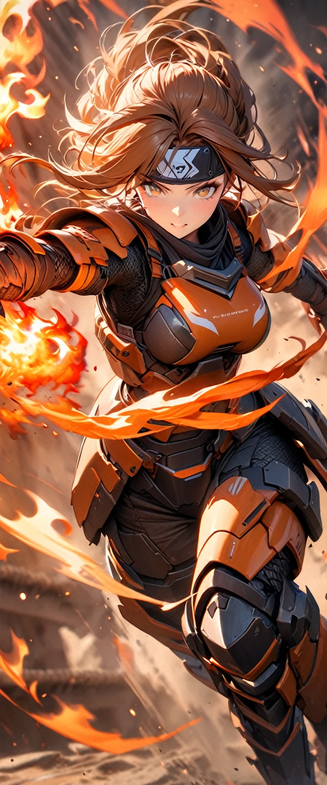 (masterpiece),(Highest quality),(High resolution),(Very detailed),8k,wallpaper,(Armored Core Style),Woman in ninja robot armor,(Tactical Forehead Protector),Random Hairstyles,(Fire Ninja),(Orange body),(Detailed face),((Cowboy Shot)),(The background is a blazing flame:1.3),(dynamic),(Use fire ninjutsu:1.3),(action shot),((Detailed hands,Beautiful female hands)),(Hand,detailed,perfect,perfection,hands)