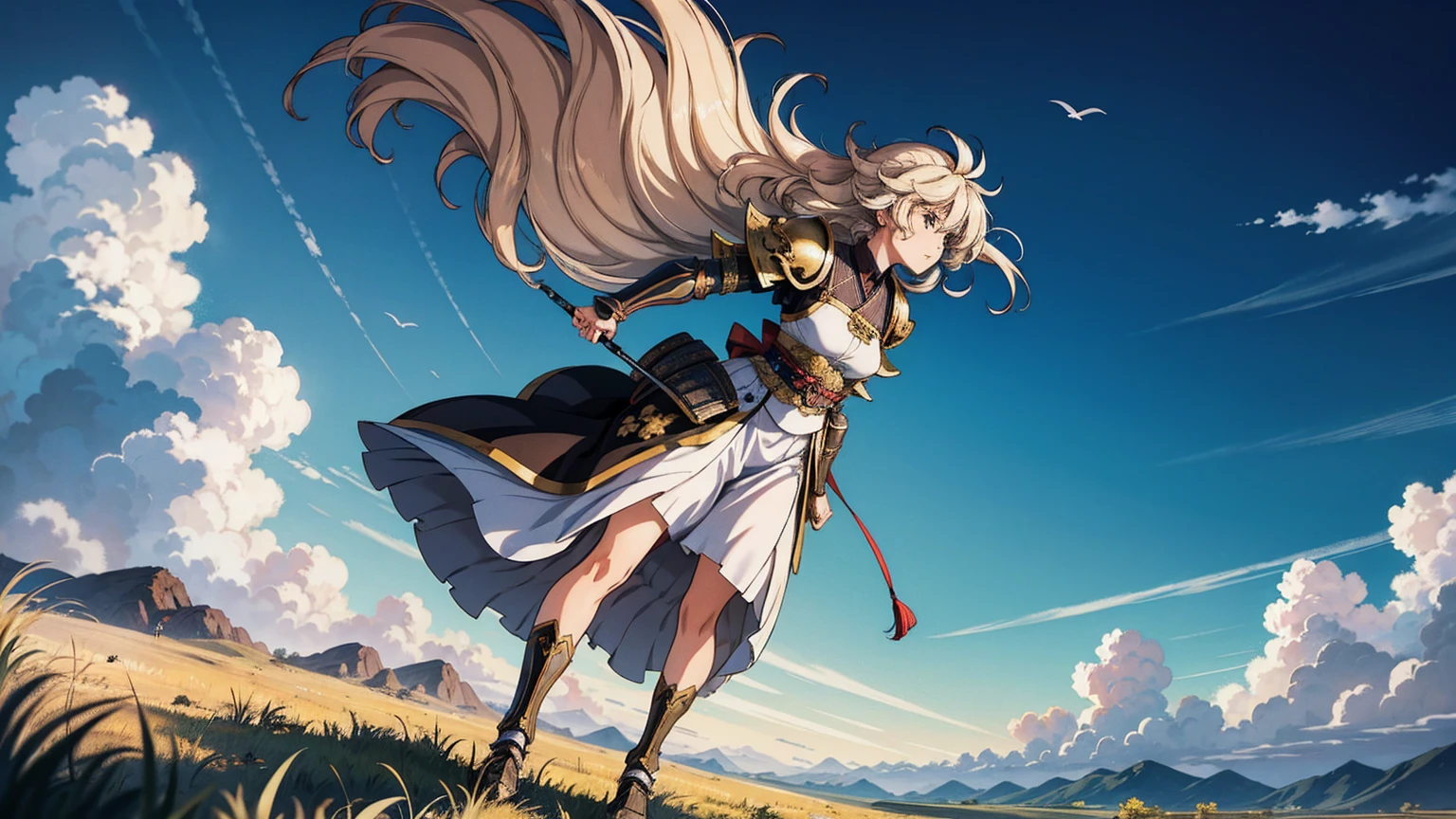 A female samurai in armor, traveling on a windy journey. She has a determined expression, with her hair blowing in the wind. Her armor is detailed and traditional, showing signs of wear from travel. She walks along a path surrounded by vast, open landscapes with rolling hills and tall grasses swaying in the wind. The sky above is dynamic, with clouds moving swiftly, indicating strong winds. The scene captures a sense of adventure and resilience.
