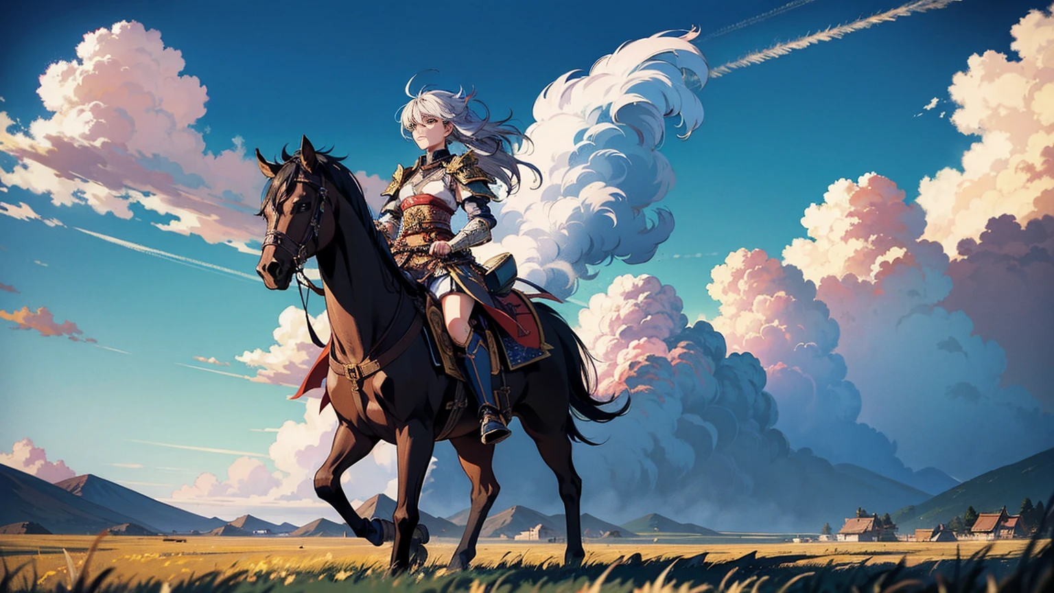 A female samurai in armor, traveling on a windy journey. She has a determined expression, with her hair blowing in the wind. Her armor is detailed and traditional, showing signs of wear from travel. She walks along a path surrounded by vast, open landscapes with rolling hills and tall grasses swaying in the wind. The sky above is dynamic, with clouds moving swiftly, indicating strong winds. The scene captures a sense of adventure and resilience.