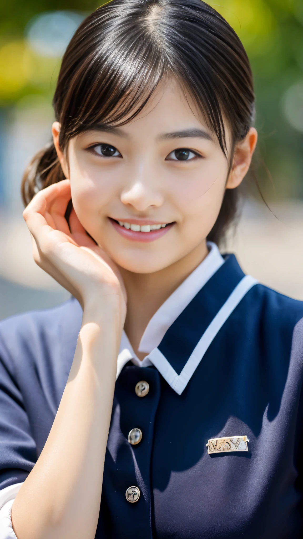 1 Nogizaka Musume, Very cute, a beauty girl, 18year old, Beautiful face, eyes and skin with exquisite detail, Detailed black hair, Smile at the camera, cowboy shot, the way from school to home, profetional lighting, BREAK, (realisitic, Photorealsitic:1.37), 8K, (masterpiece), (top-quality:1.4), (超A high resolution:1.2), (Raw photography:1.2)、(super detailed beautiful cloths)、perfect anatomia、4fingers and 1thumb、hyper detailed background、(Wallpapers by Unity 8K)、School swim wear