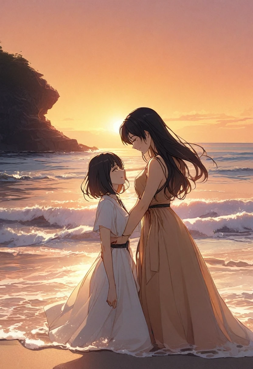 On the windowsill sat a woman and a child, rays of sunshine，the sea，Light on the face，