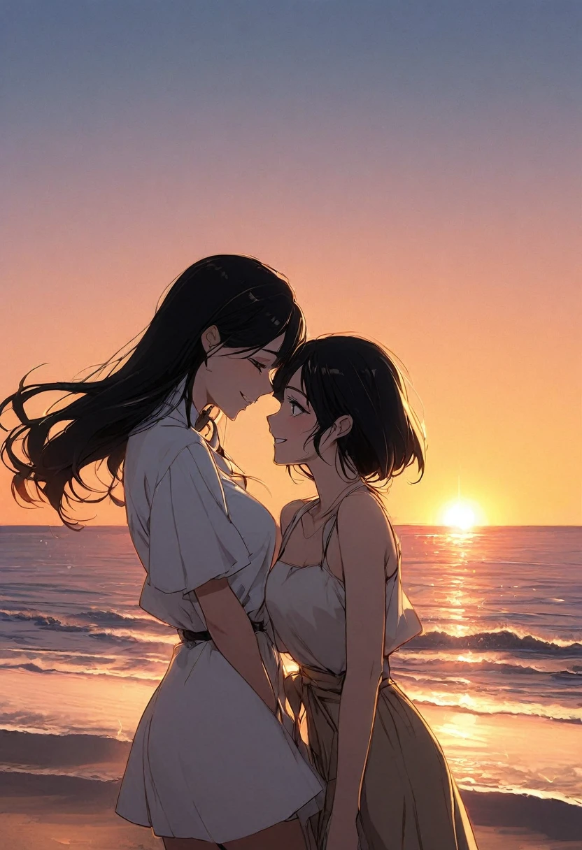 Two young adult South Korean women with height differences. The oldest in her twenty-eight with her black hair and shorter height and the youngest with her twenty-four years being more than his girlfriend. Embraced on the shore between sand and sea, they smile like a couple in love while the orange sunset sun illuminates their faces, which are enveloped by the beige colors of the sunset.
