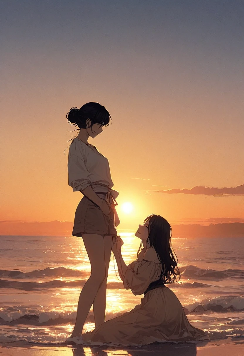 Two young adult South Korean women with height differences. The oldest in her twenty-eight with her black hair and shorter height and the youngest with her twenty-four years being more than his girlfriend.  Embraced on the shore between sand and sea, they smile like a couple in love while the orange sunset sun illuminates their faces, which are enveloped by the beige colors of the sunset.