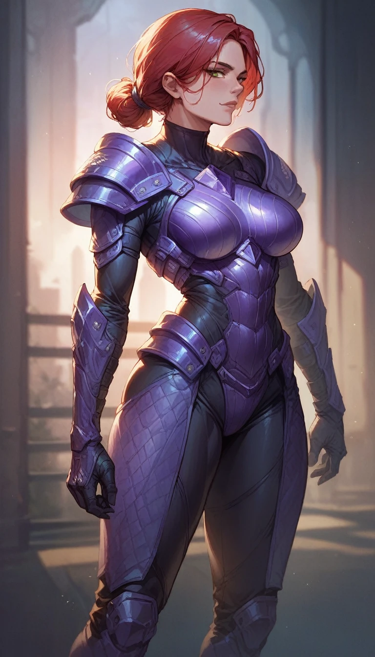 solo,female humanoid,fitness,black exosuit,full armor,multicolor trim,rgb,perfect lighting,standing,crystal trimmed,trims on armor,(purple trim detail:1.2)dynamic,seductive,NSFW