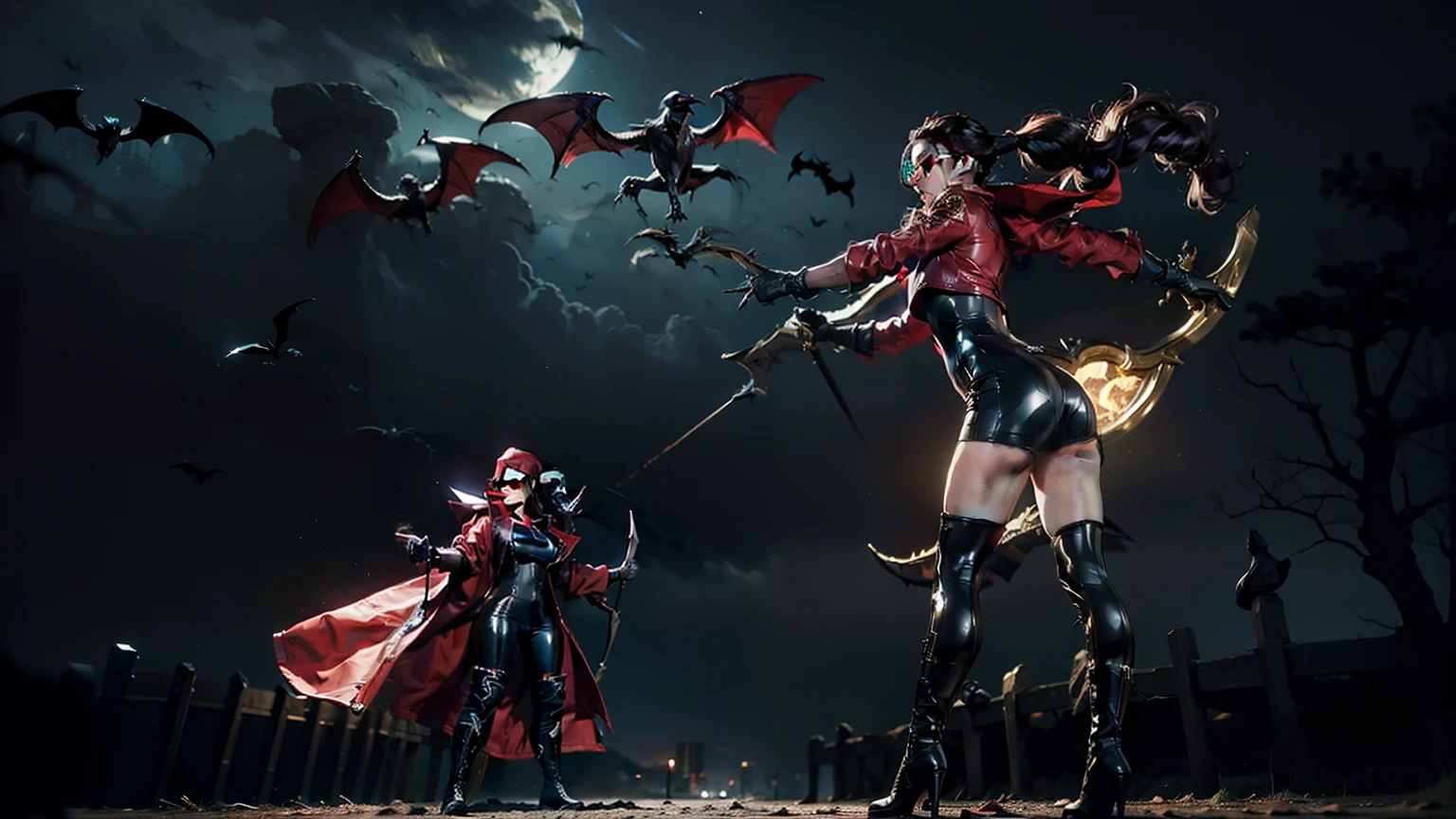 ((best quality)), ((masterpiece)), (detailed), 1girl, vayne, woman wearing black latex catsuit, with red cap, sunglasses with red glas, black hair with long ponytail, gloves, knee high red leather boots without heels, standing having a crossbow on her back, dark nightly background, ravens and bats flying