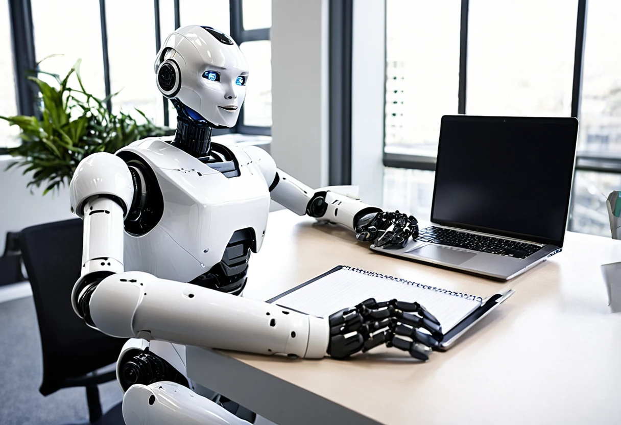 Generate a highly detailed and realistic photo of a humanoid robot working at an office desk with a laptop. The robot should have a sleek, modern design with human-like features, including articulated limbs and a friendly, expressive face. It is seated at a contemporary office desk, typing on a laptop with a sophisticated interface displayed on the screen. The desk is organized with office supplies such as a notepad, pen, coffee mug, and a few documents. The background features a modern office setting with large windows letting in natural light, ergonomic furniture, and a few potted plants. The overall atmosphere is professional and productive, highlighting the seamless integration of advanced robotics into a typical office environment. This photo should be hyper-realistic, showcasing the potential of humanoid robots in the workplace.
