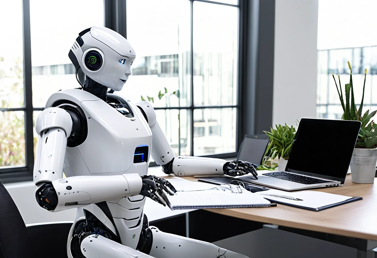 Generate a highly detailed and realistic photo of a humanoid robot working at an office desk with a laptop. The robot should have a sleek, modern design with human-like features, including articulated limbs and a friendly, expressive face. It is seated at a contemporary office desk, typing on a laptop with a sophisticated interface displayed on the screen. The desk is organized with office supplies such as a notepad, pen, coffee mug, and a few documents. The background features a modern office setting with large windows letting in natural light, ergonomic furniture, and a few potted plants. The overall atmosphere is professional and productive, highlighting the seamless integration of advanced robotics into a typical office environment. This photo should be hyper-realistic, showcasing the potential of humanoid robots in the workplace.