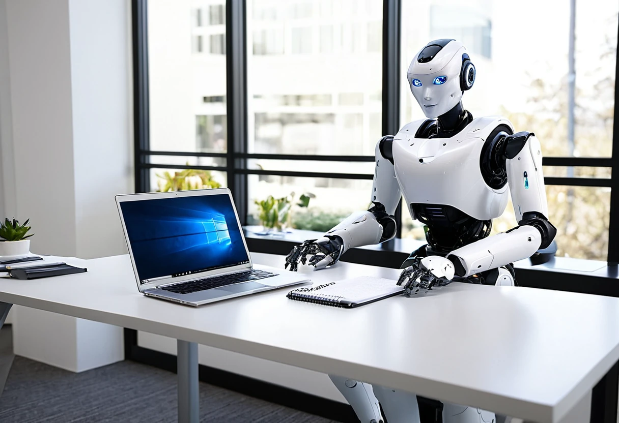 Generate a highly detailed and realistic photo of a humanoid robot working at an office desk with a laptop. The robot should have a sleek, modern design with human-like features, including articulated limbs and a friendly, expressive face. It is seated at a contemporary office desk, typing on a laptop with a sophisticated interface displayed on the screen. The desk is organized with office supplies such as a notepad, pen, coffee mug, and a few documents. The background features a modern office setting with large windows letting in natural light, ergonomic furniture, and a few potted plants. The overall atmosphere is professional and productive, highlighting the seamless integration of advanced robotics into a typical office environment. This photo should be hyper-realistic, showcasing the potential of humanoid robots in the workplace.