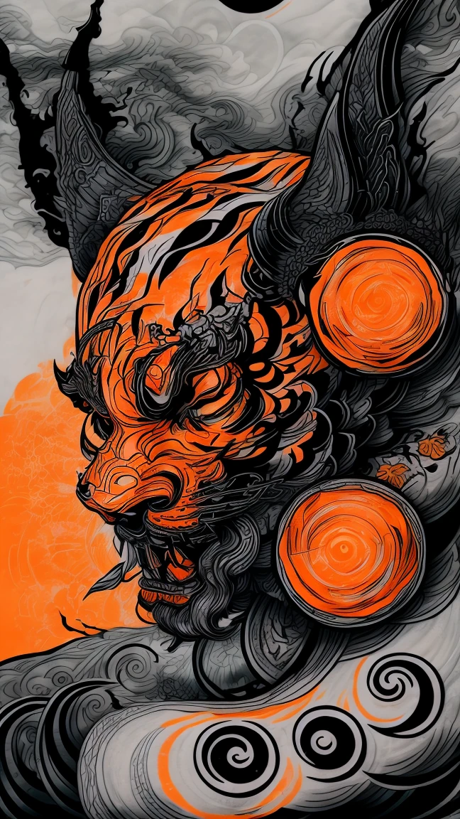 Black and gray realistic tattoo art of tiger with (((orange eyes))) with sakura petal effect ,he is with open mouth looking very fierce and angry, the background is Japanese wave tattoo, (Unity 16K Wallpaper, masterpiece, Best Quality, high quality, Ultra-detailed, extremely details)
