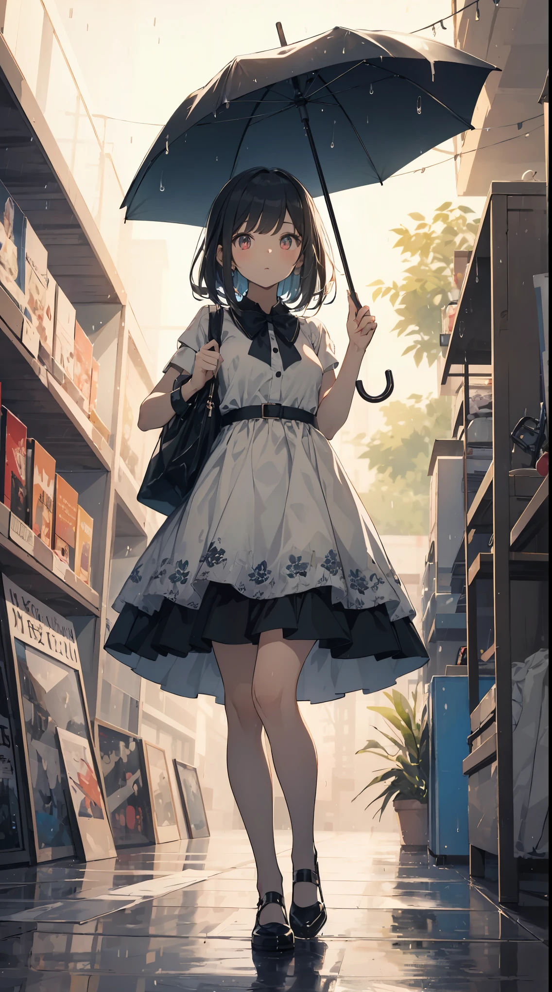 This illustration depicts a cute girl going on a holiday outing. She is in her twenties and has bright eyes. The place is like a park. However, the most noteworthy thing is the "last mysterious high-energy body" she emits. This energy body released from her body has the power to obliterate the garbage in the store. The pale light reaches every corner of the room. She is standing with an umbrella and is wearing a dress. It's raining.
