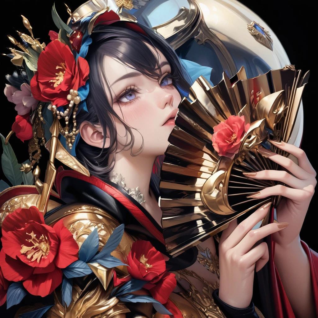 masterpiece, Absurd, The finer details, High resolution,highly detailed armor with gold plating, shiny armor, Realistic,ＰＬＤ_armor, a female knight in armor, wearing ＰＬＤ_armor, Blue scarf