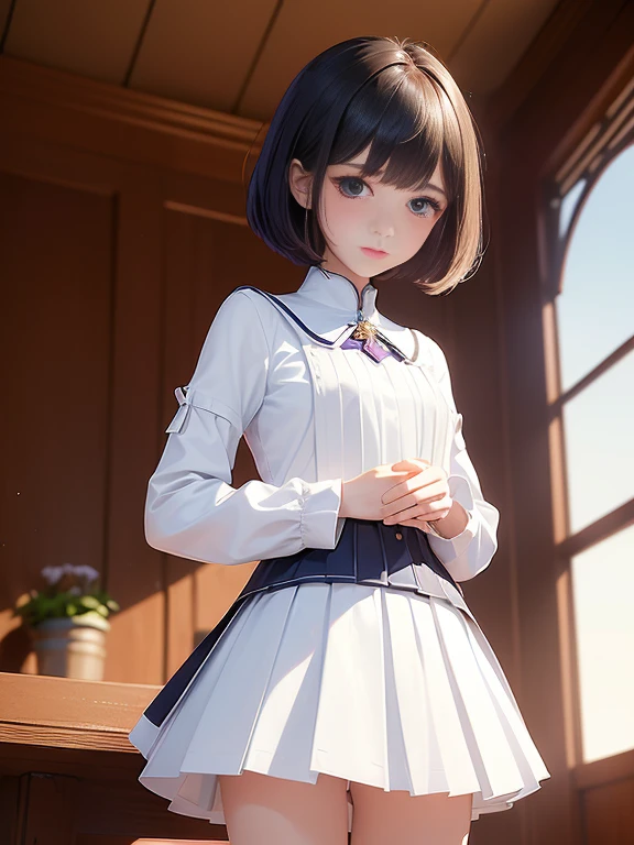 (masterpiece、Highest quality:1.7)、(:1.5)、(Shot from the calf up:1.3)、Bobcut、Black Hair、85mm、16K、Official Art、RAW Photos、Best Beautiful Faces、Close-up、Violet、Gardenia、((The best beautiful girl、very cute))、Red blush on cheeks、((indoor))、(Are standing:1.8)、Film Grain、Chromatic Aberration、Sharp Focus、(((Nice hands、Perfect hands、Perfect Fingers、Thin and delicate fingers、A perfect body without flaws)))、Detailed face、(Slender body:1.5)、(Slender body:1.3)、(Slim upper body:1.2)、(Small and flat bust:1.7)、(Let your bangs hang down:1.8)、(Blushing:1.8)、(Low contrast lighting:1.4)、(襟付きのwhiteタイトビジネスブラウス:1.5)、(whiteボウタイブラウス:1.5)、(Long sleeve: 1.4)、(The length is very short(white)Pleated mini skirt:1.7),(Holding his chest with his palm:1.5),(The wind is blowing up her skirt:1.5),(Low angle from below:1.6)