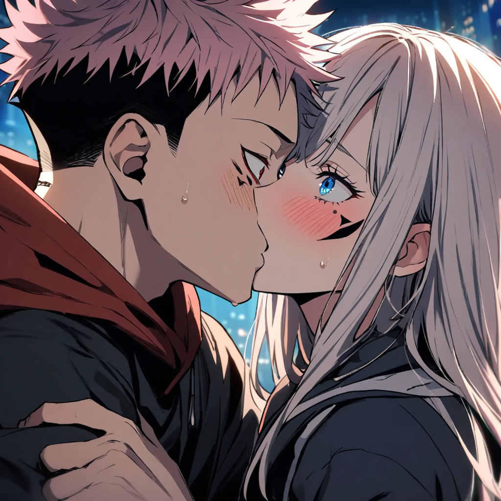 (1girl, White hair, blue eyes), (1boy, pink_hair, blush, undercut, hetero, red_eyes, tattoo), long_hair, itadori_yuuji, spiked_hair, hood, short_hair, ryoumen_sukuna_(jujutsu_kaisen), night, facial_tattoo, hoodie, upper_body, jacket, extra_eyes, hood_down, black_jacket, imminent_kiss, kiss, looking_at_another, facial_mark, freckles, sweatdrop, bangs, black_hair, multicolored_hair, blue_eyes, clothes_grab, surprised