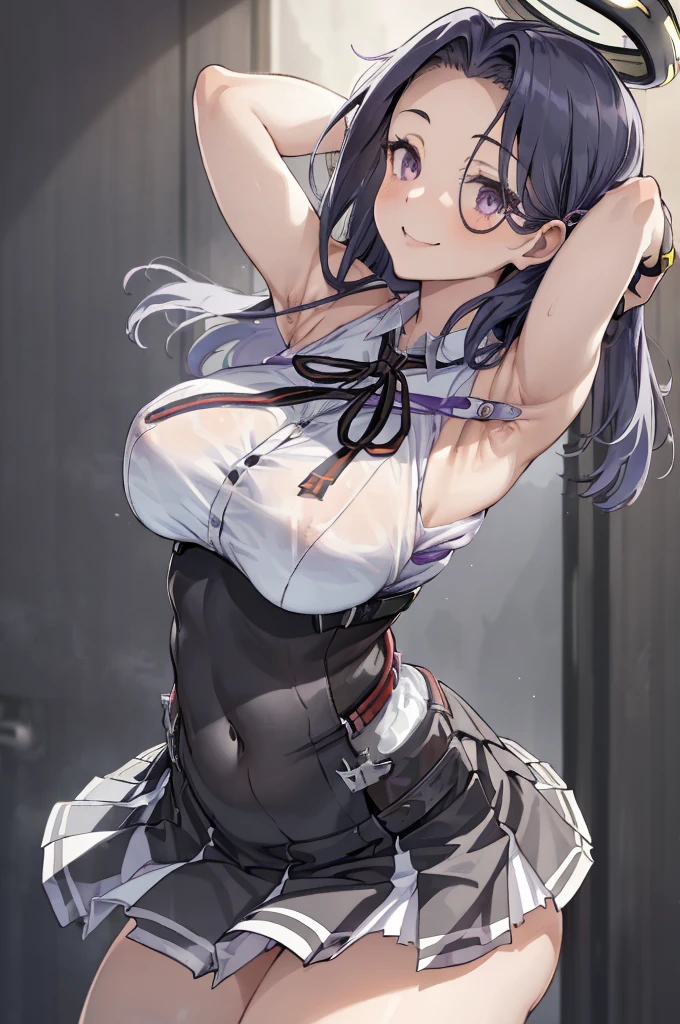 huge breasts,bbtats, mechanical halo, long hair, large breasts, sleeveless shirt, neck ribbon, capelet, black gloves, black skirt,armpit,
(best quality, masterpiece, RAW photo,ultra-detailed:1.2), 1girl,solo,looking at viewer,smile