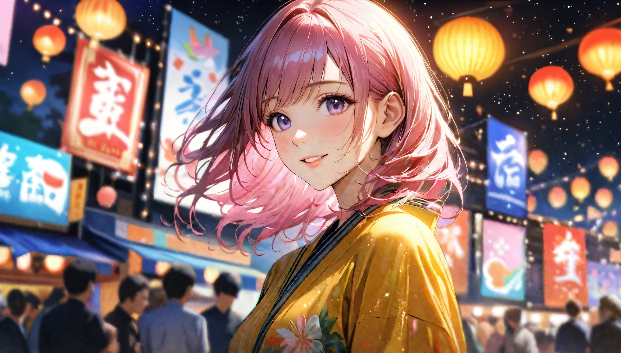 Young woman enjoying the summer festival,night, Starry Sky,yukata,Gazing at the sky,Blur the background,high school girl,smile,Glitter effect,Highest quality, 8k, High resolution, masterpiece:1.2, Very detailed, Realistic:1.37, High resolution, 超High resolution, Ultra-fine painting, Very detailed, Professional, Vibrant colors