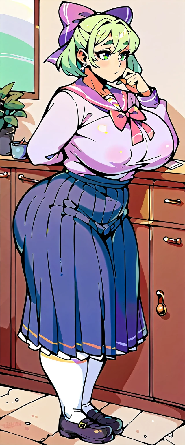 Fraction_9,Fraction_8_direction_7_direction_6_direction_5_direction_4_up,Green short hair,Green Eyes,Tie a bow at the back of your head,Purple and sailor collar,Striped sailor suit,Blue pleated skirt,White socks,leather shoes,Bean eyebrows,Wide hips,Thick thighs,Huge breasts,Huge ass,There is a bow at the back of the hair,Hair between the eyes,Sexy,Cute girl,Green Hair,eternal,positive image,rest,Stockings,fat,long sleeve clothes,Purple striped clothes,Nipple protrusion