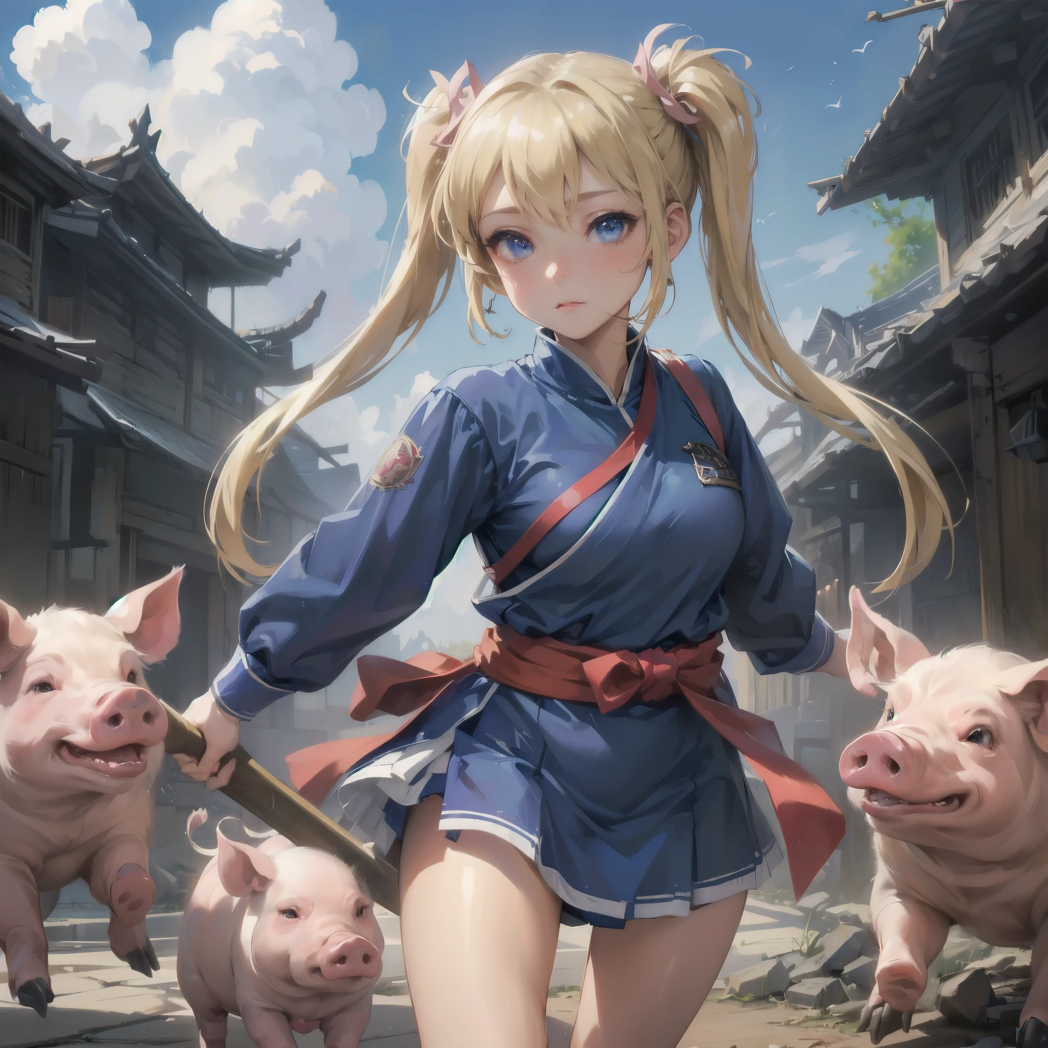 masterpiece, (textured skin), best quality, gorgeous beautiful, (a beautiful girl,pig ears,pig tail),detailed clothes,large breasts,narrow waist,, (beautiful face), cinematic lighting, (fantasy anime art ),