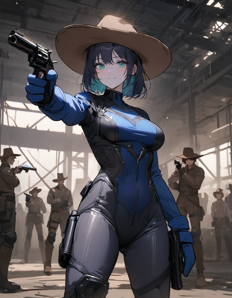 work of art, best qualityer, 1 lady, standing alone, standing alone focus, (body high), Hispanic, chestnut hair, shorth hair, hypdertailed, Blue-green eyes, medium breasts, beautiful detailed eyes, beautifull detailed face, pretentious smile, ((Brown cowboy hat)), ((May, solid blue May, skintight, dark blue skintight, dark gray leggings, long sleeves, mitts, dark blue mitts, matching mitts, booties, combat booties, dark blue booties, matching booties, hanging pistol holster, knee pads)), ((pointing pistol at spectator, revolver)), whole body, cowboy shot, empty warehouse, atmosphere of danger.