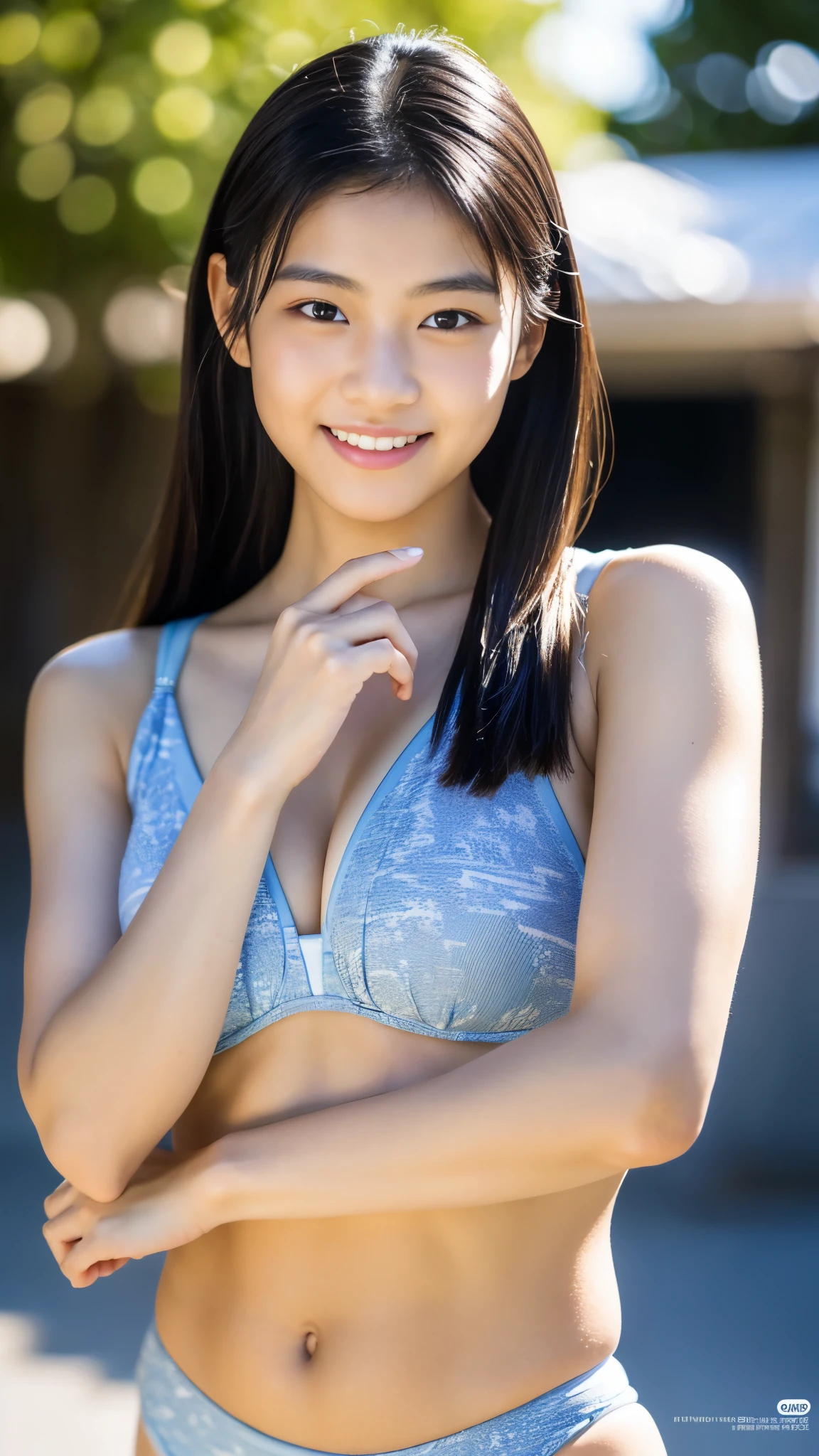 1 Nogizaka Musume, Very cute, a beauty girl, 18year old, Beautiful face, eyes and skin with exquisite detail, Detailed black hair, Smile at the camera, cowboy  shot, the way from school to home, profetional lighting, BREAK, (realisitic, Photorealsitic:1.37), 8K, (​masterpiece), (top-quality:1.4), (超A high resolution:1.2), (Raw photography:1.2)、(super detailed beautiful cloths)、perfect anatomia、4fingers and 1thumb、hyper detailed background、(Wallpapers by Unity 8K)、School swim wear