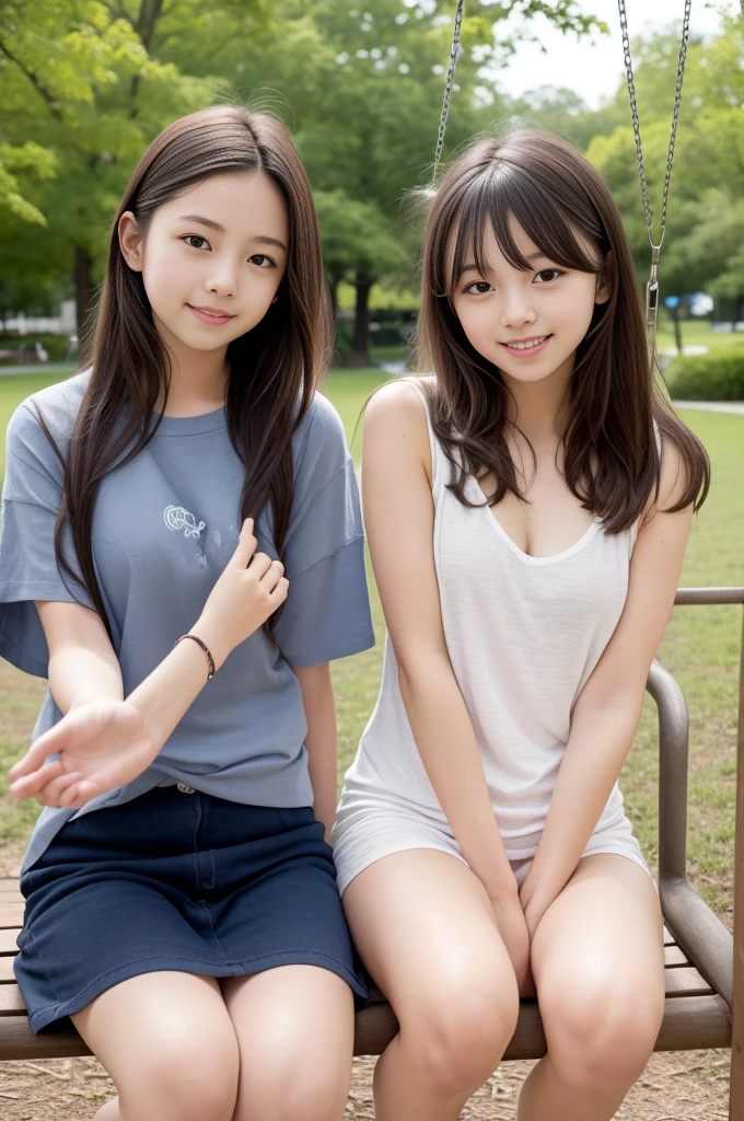 two beautiful women、18-year-old 、full body shot、small breasts、small breasts、A sloppy smile