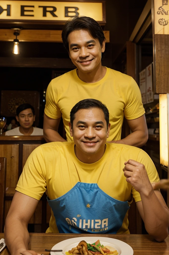 Male, Thai, age 55, oval shaped face, short, slightly dark hair, wearing a yellow t-shirt, smiling, good-looking, slender. Fried squid menu. Sitting and eating at a restaurant (at 8:00 p.m.), behind there were many people eating.