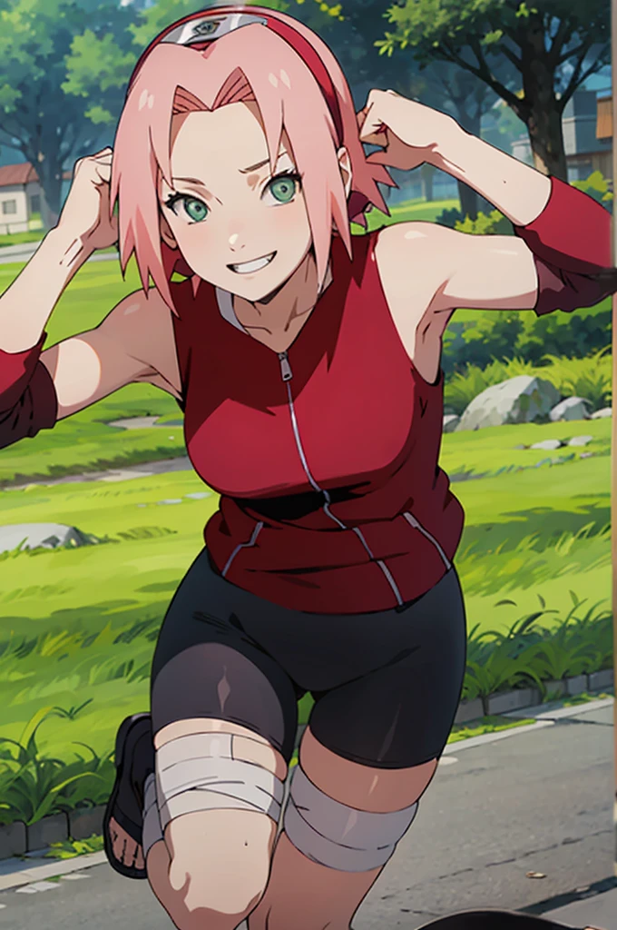 smile, fighting stance, hands up, outdoors, knee up, standing on one leg, NARUTO_Sakura_Combat_ownwaifu, 1girl, haruno sakura, short hair, pink hair, green eyes, hair intakes, collarbone, forehead protector, headband, red hairband, konohagakure symbol, bare shoulders, bandages, sleeveless jacket, red jacket, bike shorts, black shorts, leg wrap, bandaged leg, elbow pads, zipper,, absurdres, ultra detailed, masterpiece, best quality, aesthetic, detailed,