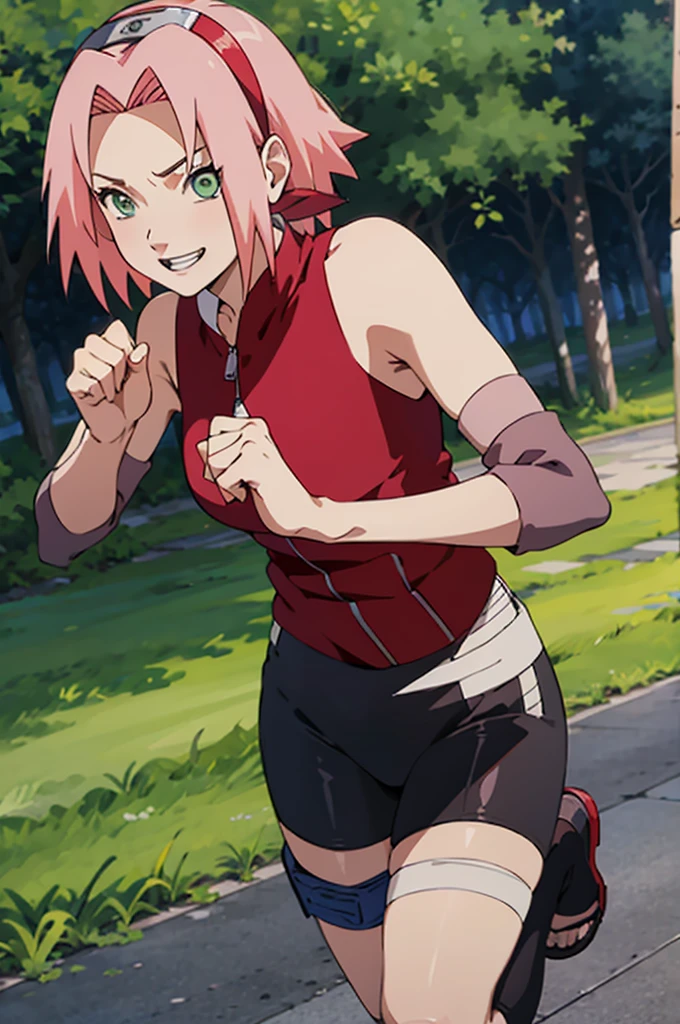 smile, fighting stance, hands up, outdoors, knee up, standing on one leg, NARUTO_Sakura_Combat_ownwaifu, 1girl, haruno sakura, short hair, pink hair, green eyes, hair intakes, collarbone, forehead protector, headband, red hairband, konohagakure symbol, bare shoulders, bandages, sleeveless jacket, red jacket, bike shorts, black shorts, leg wrap, bandaged leg, elbow pads, zipper,, absurdres, ultra detailed, masterpiece, best quality, aesthetic, detailed,