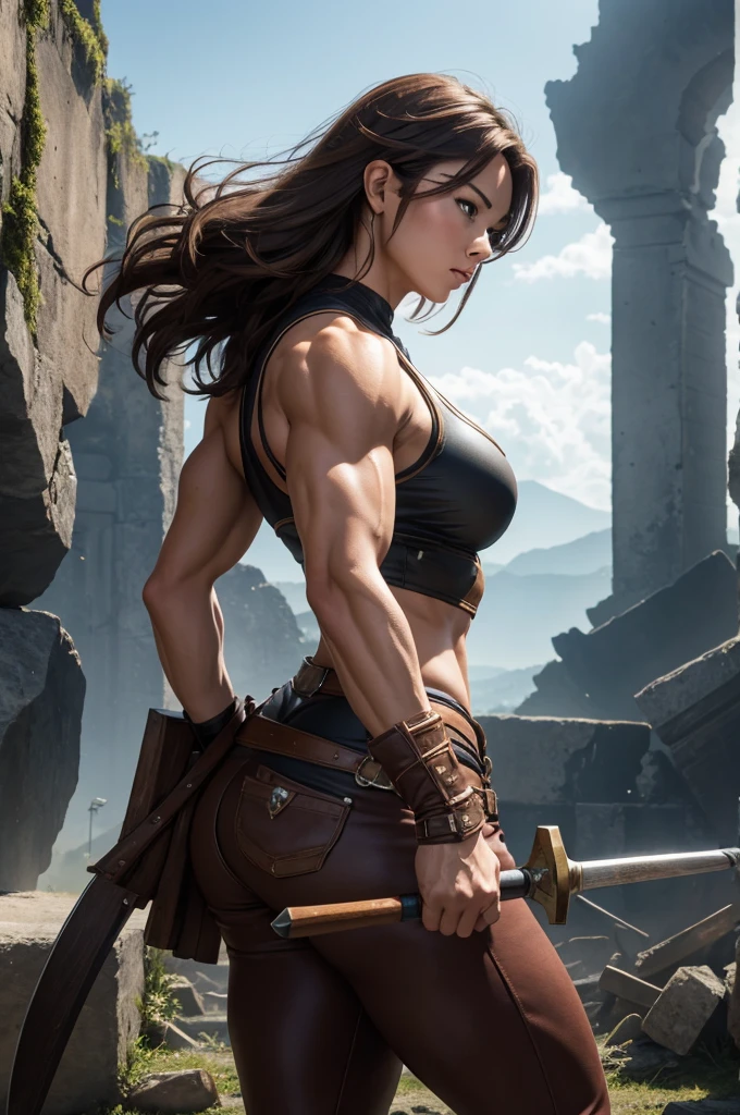 Realistic, 8k,ファンタジーのアラフェッドは茶色の鎧を着たGerman Womanの写真のPauseをとる,Super muscular body,　Women with fearless features(Lifelike face),　Super muscular and macho woman,　Brown-haired Helly Shorthair,　Super muscular macho man in brown pants and protectors,masterpiece、8k resolution、Fantasy art、Ultra-high resolution,,Mr..々Pause,charm,sexy,Rich colors, Backlight, Cinema Lighting, Film Grain, to be born, 50mm lens, Nikon D850,German Woman,Blue Eyes,Strong and thick muscles,ダイナミックなファイティングPause,Dynamic Angles,Uplifting,Like a female bodybuilder,Wields a large battle axe,In front of the ruins,