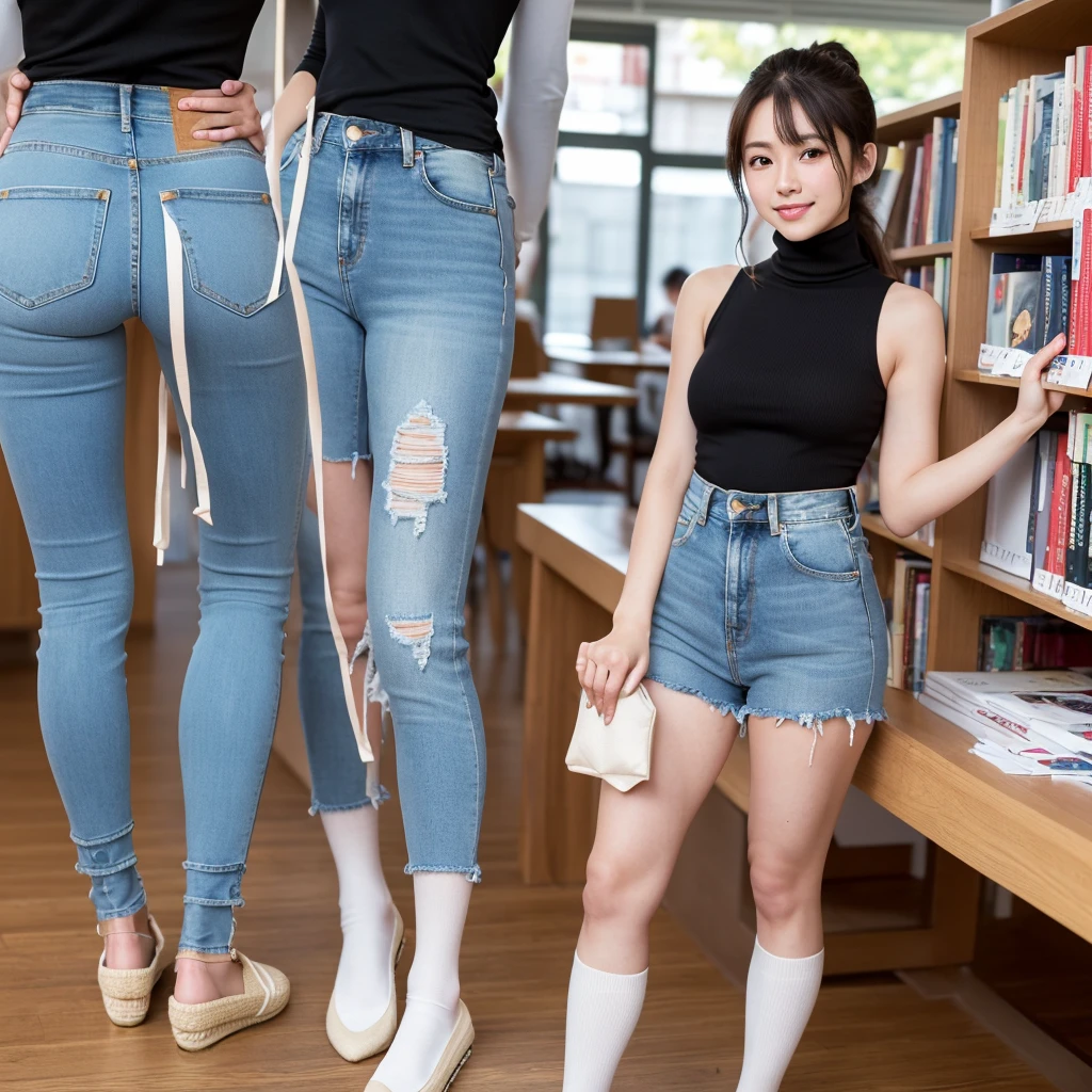 (((avert your eyes,ponytail、avert your eyes,Standing on one leg、smile))),(((((Mock neck top、Paisura、No sleeve、turtleneck、Shoulder bag、socks、Espadrilles、Damaged denim hot pants))))),((at the library、Reading a book))、Tabletop, One Girl, Highest quality, Super detailed, (Shiny), (small)、(((with blush cheeks,))),Ray Tracing,Perfect lighting, (Milky skin:1.2),reflection,  blush, The cutest 28-year-old girl in Japan、small ribbons in the hair、Contrast legs