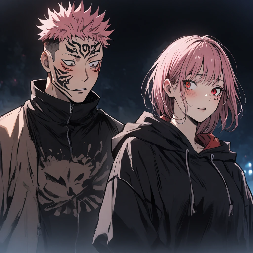 1girl, pink_hair, blush, undercut, hetero, red_eyes, tattoo, long_hair, itadori_yuuji, spiked_hair, hood, short_hair, ryoumen_sukuna_(jujutsu_kaisen), night, facial_tattoo, hoodie, upper_body, jacket, extra_eyes, hood_down, black_jacket,
