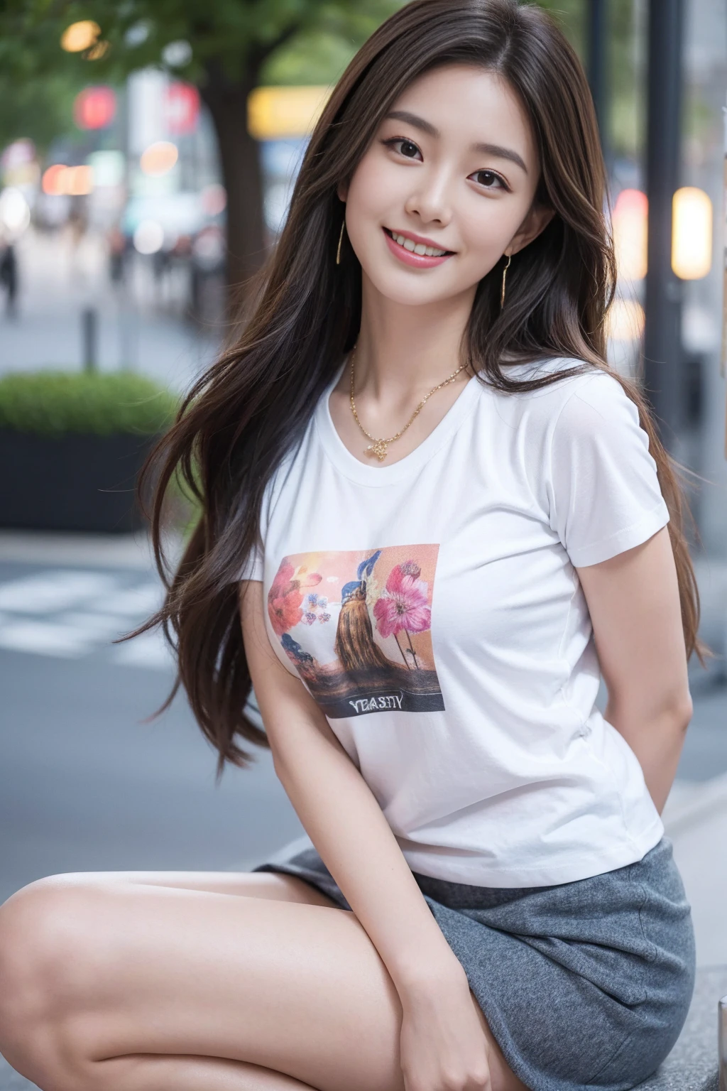 high quality,8k, Detailed facial depiction, Detailed description of the eyes,One Woman, Light brown hair(Medium-long hair),Beautiful Japanese Girl,24-years-old,Beautiful Face,Cute eyes,Cute Smile,TShirt and skirt,Slender body, Plump and large breast size, Long and beautiful legs,Are standing,Smiling, Colorful earrings,necklace,Model pose,Shibuya City