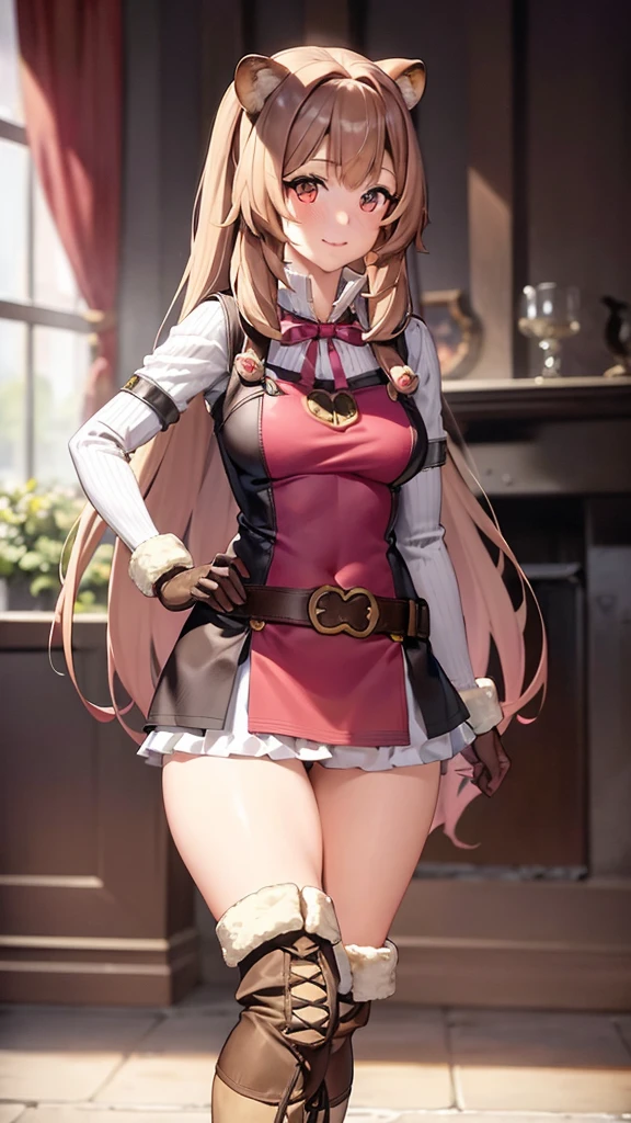 best qualityer, raf, 1 girl, raccoon ears, raccoon girl, animal ears, only, long hair, chestnut hair, racoon Tailpussy, Tailpussy, mitts, thigh boots, knee boots, ssmile, bangss, thicc thighs, thicc thighs, looking a viewer, whole body, brown mitts, waist belt, long sleeves, standing, don, band, cloused mouth, brown shoes, bronya, short dress, zetai ryouiki, Ultra-High Resolution Red Ribbon, (photorrealistic:1.4), work of art, nblurry background, leve ssmile, slightly pink cheeks, inside a modern living room at day