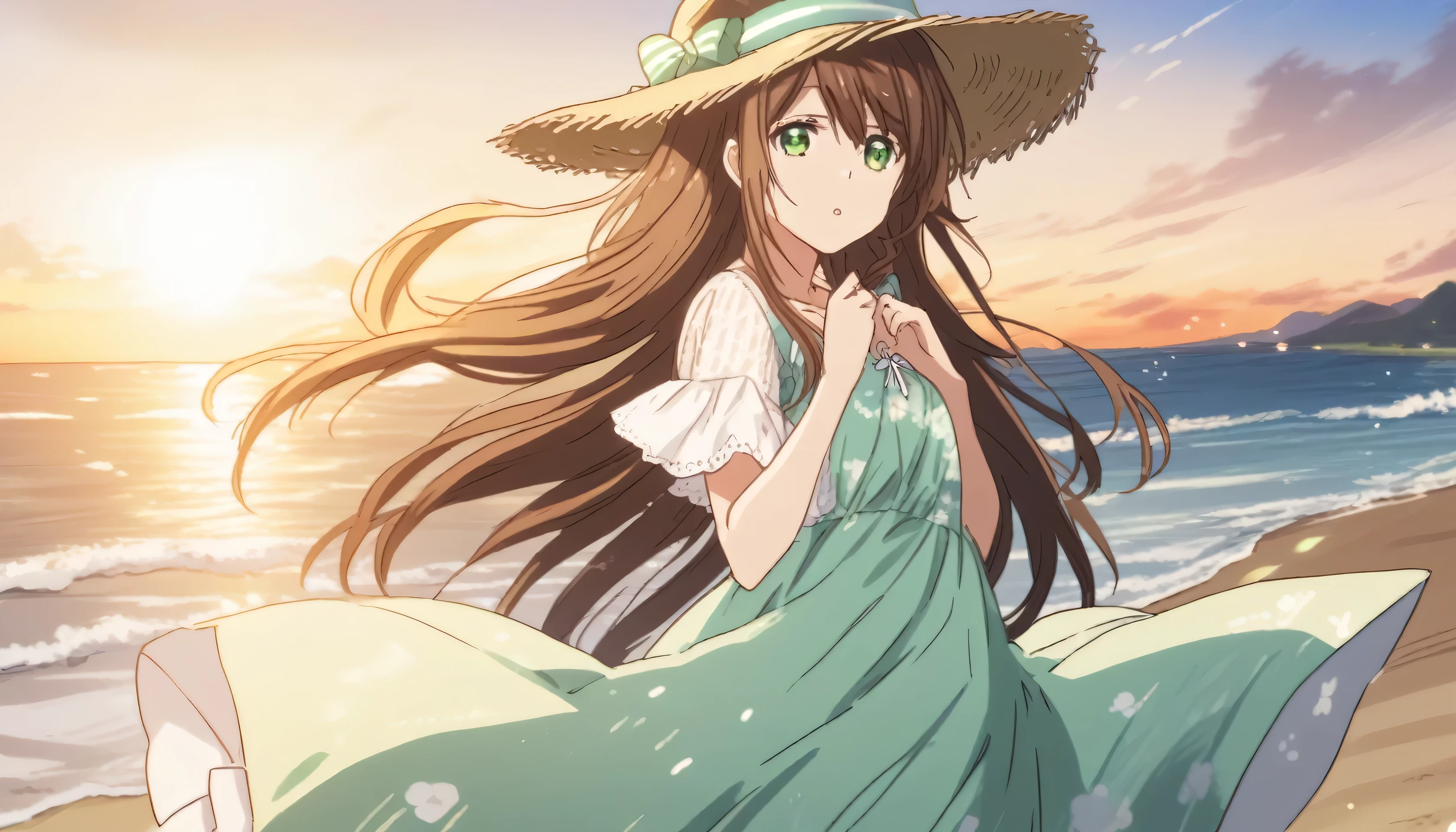 Hina Tachibana, long hair, brown hair, green eyes, Summer Dress, long dress, Beach, wind, pleasure, sunset, hat
