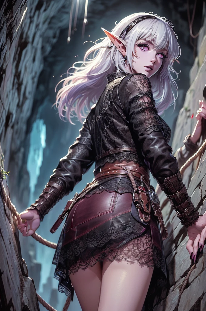 (Ultra-detailed face:1.2), (Fantasy Illustration with Gothic & Ukiyo-e & Comic Art), (She is climbing an overhanging cliff with her back to it and holding a rope with her hands), (A middle-aged elf woman with white hair, blunt bangs, bob cut, dark purple skin, lavender eyes), BREAK (She is wearing a lacy leather suit and mini skirt:1.3)