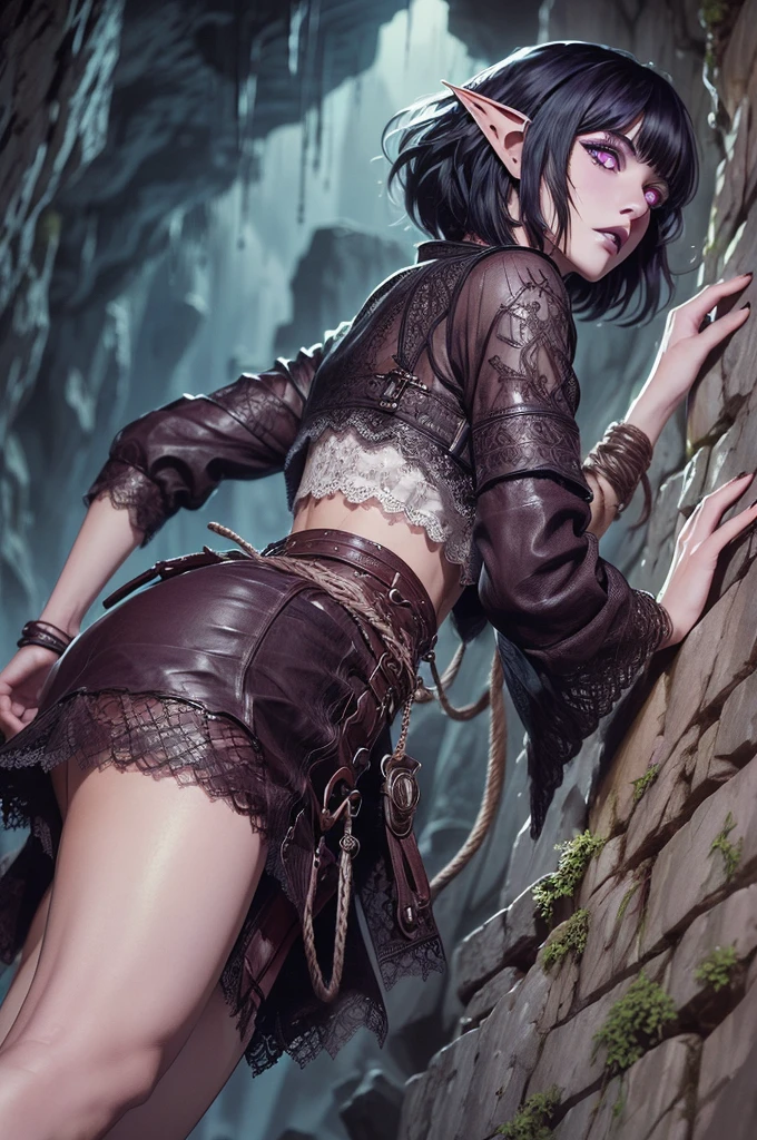 (Ultra-detailed face:1.2), (Fantasy Illustration with Gothic & Ukiyo-e & Comic Art), (She is climbing an overhanging cliff with her back to it and holding a rope with her hands), (A middle-aged elf woman with white hair, blunt bangs, bob cut, dark purple skin, lavender eyes), BREAK (She is wearing a lacy leather suit and mini skirt:1.3)