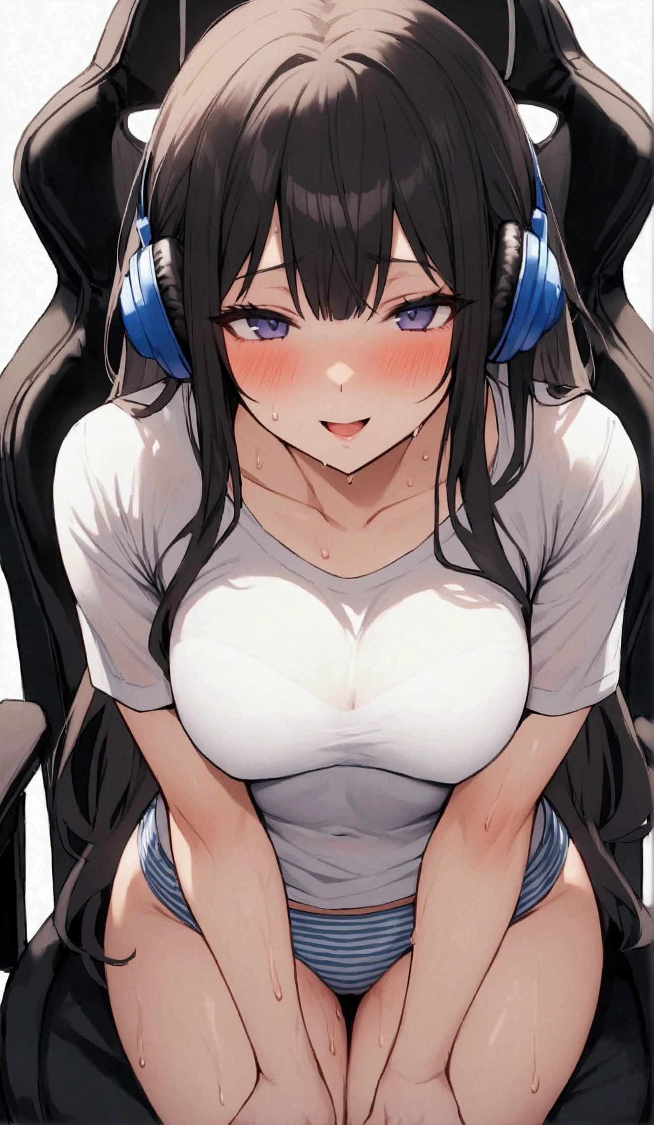 One Woman、beautiful girl、Sit on a chair、Dark Room、computer、Sit in a gaming chair、High-end headphones、Grip the game controller、computerに向き合う、beautiful girl, Highest quality,  Tight T-shirt、下半身はStripes模様Pantiesのみ、Thick thighs、Big 、Big Ass、Black Hair、long hair、Bangs、Sweaty body、I&#39;m sweating all over、Lewd sound effects、Excited、Stripes々Panties、beautiful girlゲーム、Play hentai gameasturbation、モニターにはbeautiful girl、Tight T-shirt