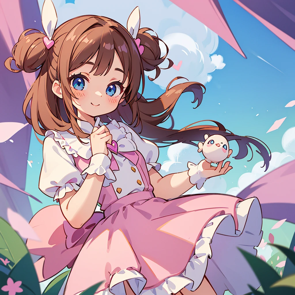 (finest), (masterpiece), (super detailed), (magical girl), (one beautiful girl: 1. lolita, cute, 2. cute, 3. cute. 3), lolita, cute young lady, skinny pink and white leotard dress, pink over skirt, puff sleeves, wrist, standing, brown hair, longHair (blue eyes), fine eyes, fine face, smile, 10 years old, (double side up), (face up shot), magic effects, white blouse and heart brooch.Head accessory is a large light purple ribbon.She is holding a cheekbones with her right hand.Long eyelashes.