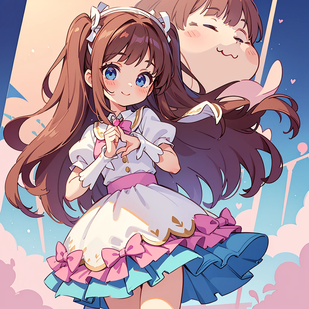 (finest), (masterpiece), (super detailed), (magical girl), (one beautiful girl: 1. lolita, cute, 2. cute, 3. cute. 3), lolita, cute young lady, skinny pink and white leotard dress, pink over skirt, puff sleeves, wrist, standing, brown hair, longHair (blue eyes), fine eyes, fine face, smile, , (double side up), (face up shot), magic effects, white blouse and heart brooch.Head accessory is a large light purple ribbon.She is holding a cheekbones with her right hand.Long eyelashes.