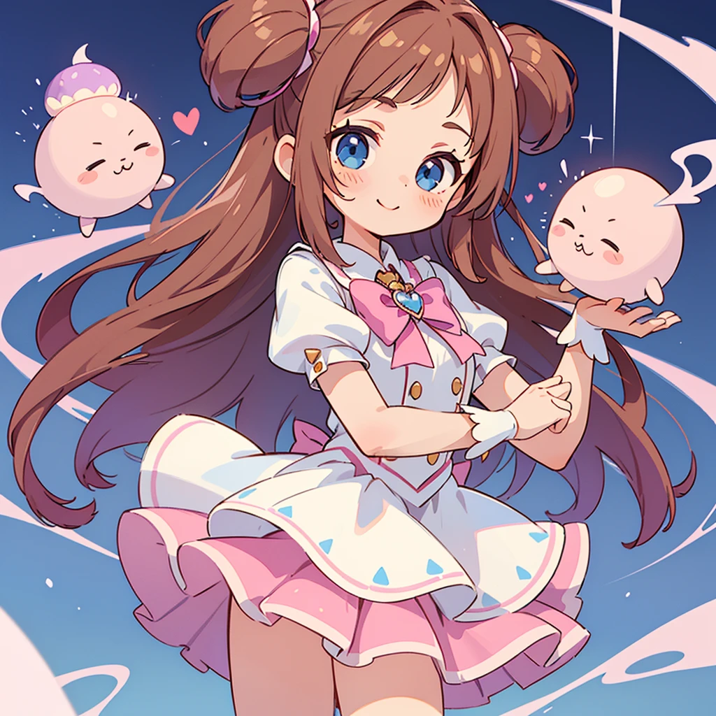 (finest), (masterpiece), (super detailed), (magical girl), (one beautiful girl: 1. lolita, cute, 2. cute, 3. cute. 3), lolita, cute young lady, skinny pink and white leotard dress, pink over skirt, puff sleeves, wrist, standing, brown hair, longHair (blue eyes), fine eyes, fine face, smile, 10 years old, (double side up), (face up shot), magic effects, white blouse and heart brooch.Head accessory is a large light purple ribbon.She is holding a cheekbones with her right hand.Long eyelashes.