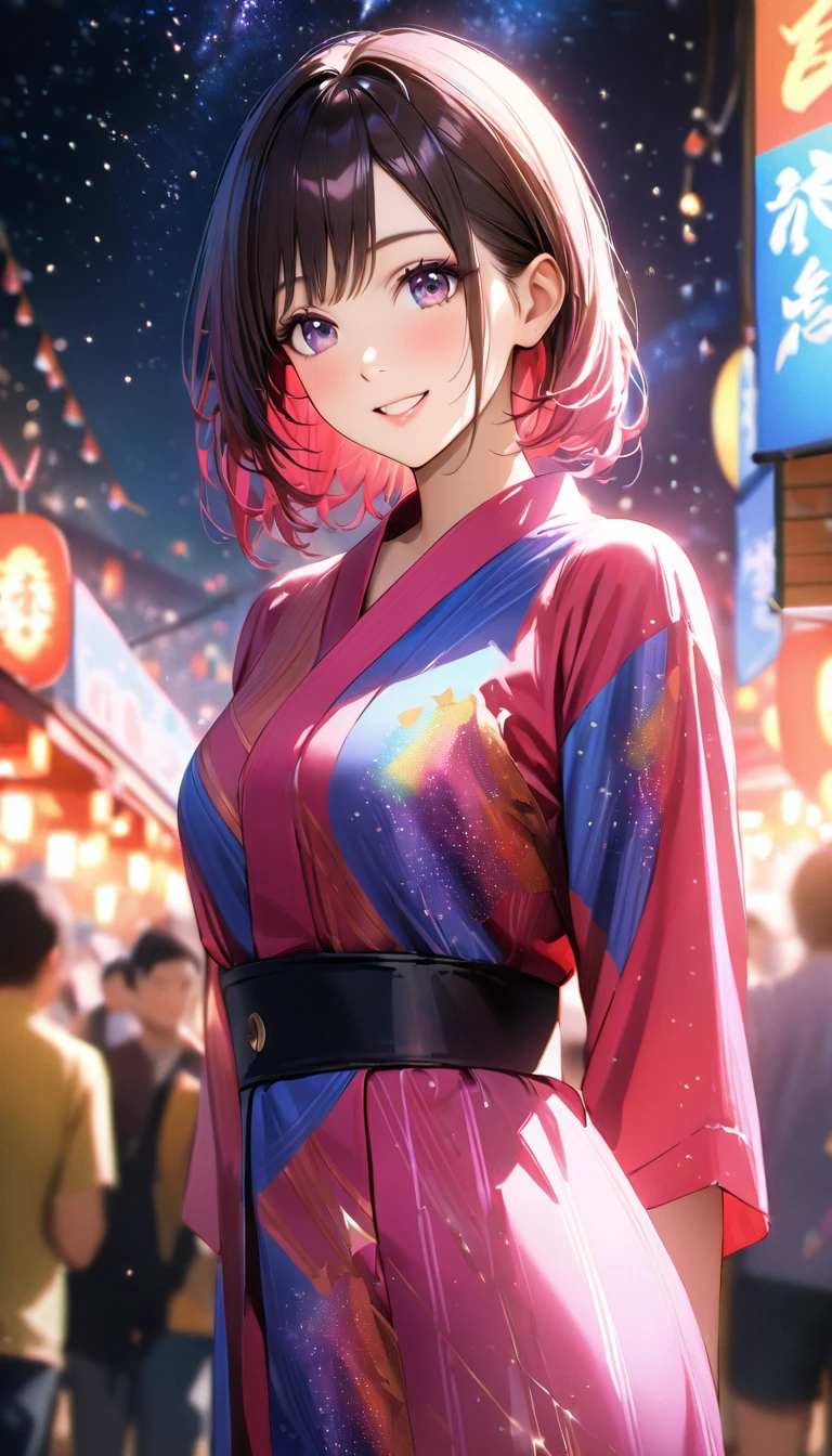 Young woman enjoying the summer festival,night, Starry Sky,yukata,Gazing at the sky,Blur the background,high school girl,smile,Glitter effect,Highest quality, 8k, High resolution, masterpiece:1.2, Very detailed, Realistic:1.37, High resolution, 超High resolution, Ultra-fine painting, Very detailed, Professional, Vibrant colors