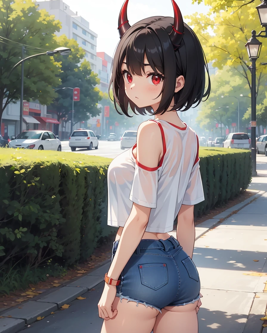 Black hair girl, short hair, cute face, Casual walk in the park, mini jean shorts, tight mini shorts, long stockings, bare shoulders, oversized t-shirt, ((big breasts)), red eyes, (demon horns), cute face, wide waist, tight long stockings, white cropped t-shirt, Translucent T-shirt, transparent, (white cropped t-shirt), tight t-shirt, tight clothes, ((backview))