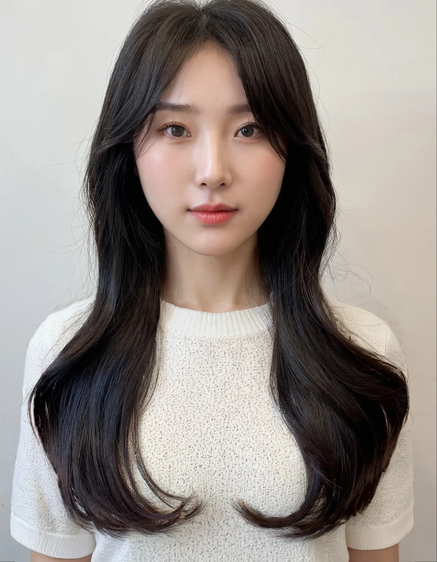 Best Quality, 8k, Masterpiece, (Portrait: 1.3), (photo realistic:1.4), (hyper realistic:1.4), Sharp Focus, looking at viewer, (smoother lighting:1.1), (increase cinematic lighting quality:0.9), realistic lighting, backlighting, light on face, ray trace, (brightening light:1.2), (Increase quality:1.4), sharp detail, (best quality real texture skin:1.4), finely detailed eyes, black_eyes, finely detailed face, 25 year old Korean woman, (white formal_shirt:1.4), (Create an image maintaining the original base model hairstyle:1.5)